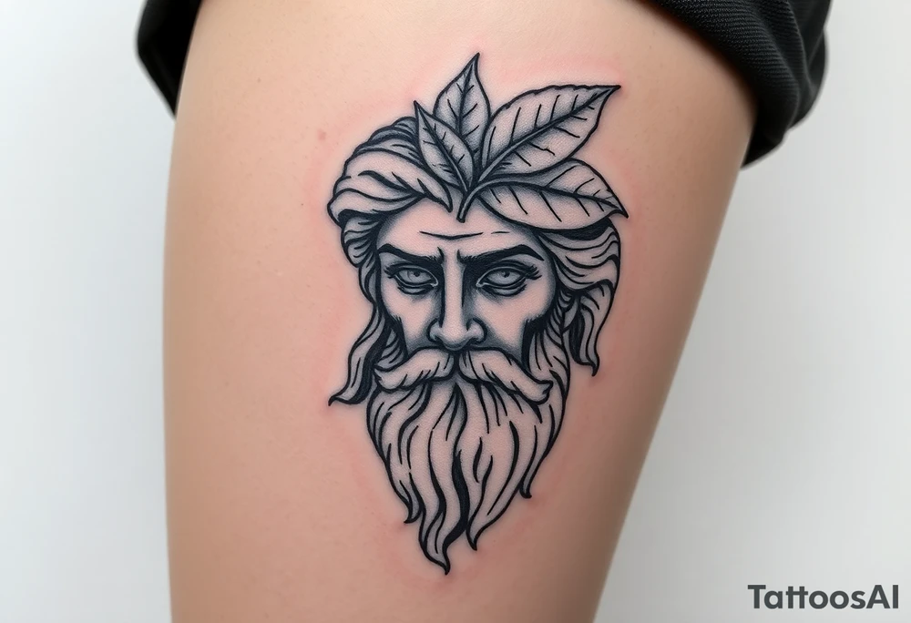 Platos Greek god only his face with a greek leaf on top tattoo idea