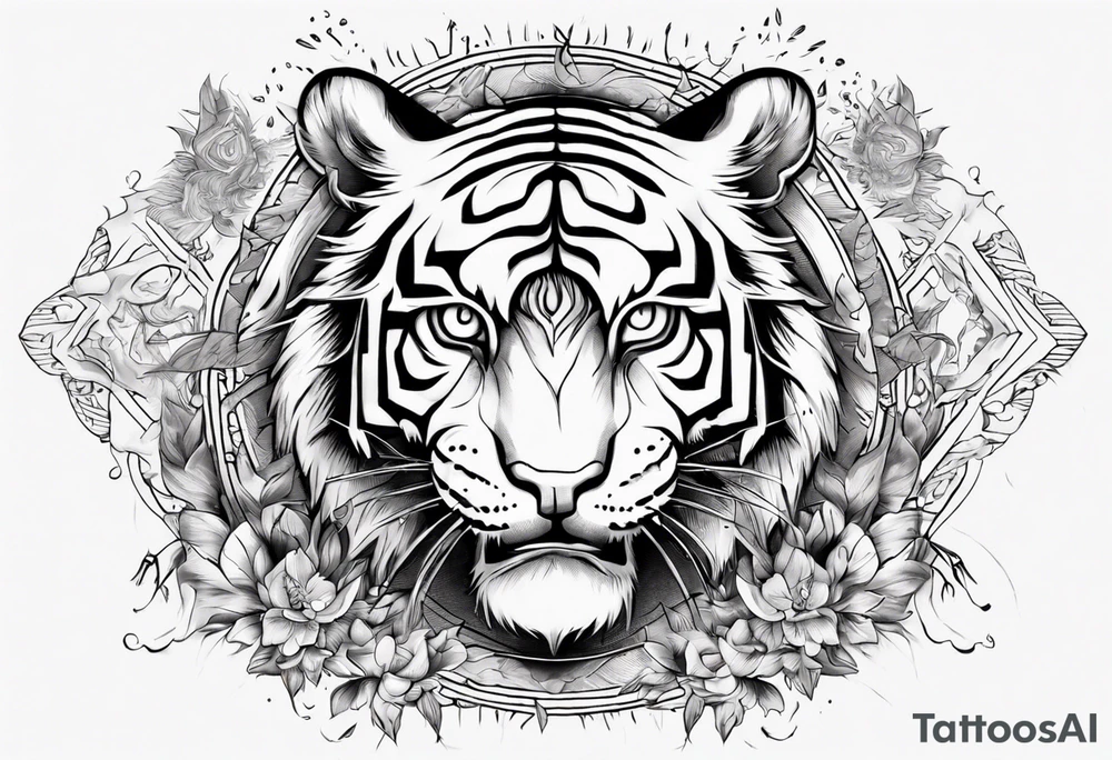 Ancient tiger with lightning and a sun for a forearm sleeve. With patterns surrounding it tattoo idea