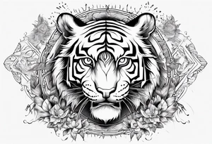 Ancient tiger with lightning and a sun for a forearm sleeve. With patterns surrounding it tattoo idea