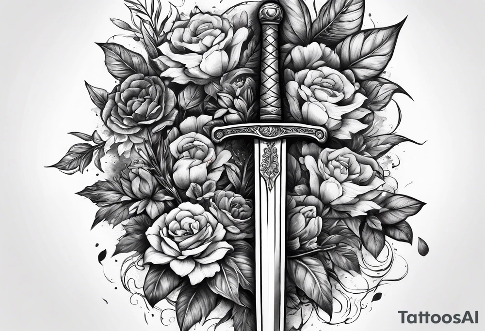 Bloody sword and flowers tattoo idea