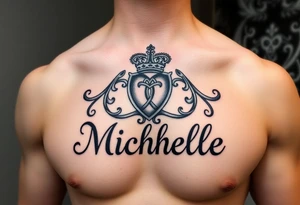 Create a tattoo on a man’s chest if a woman’s name. Claddagh and the name Michelle. Irish themed with Celtic knot tattoo idea