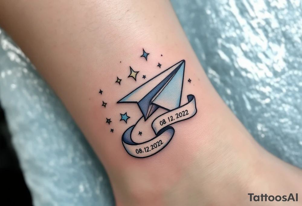 A cartoon-style paper airplane in soft grey and baby blue, trailing a banner with the birthdate 08. 12. 2022. tattoo idea
