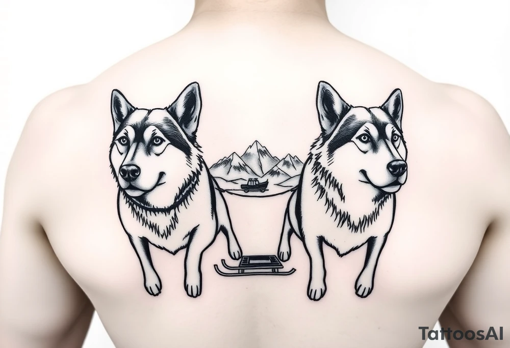 Sled dogs from a side viewwith sled and northern lights and mountains tattoo idea