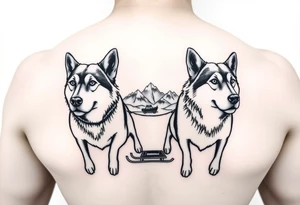 Sled dogs from a side viewwith sled and northern lights and mountains tattoo idea