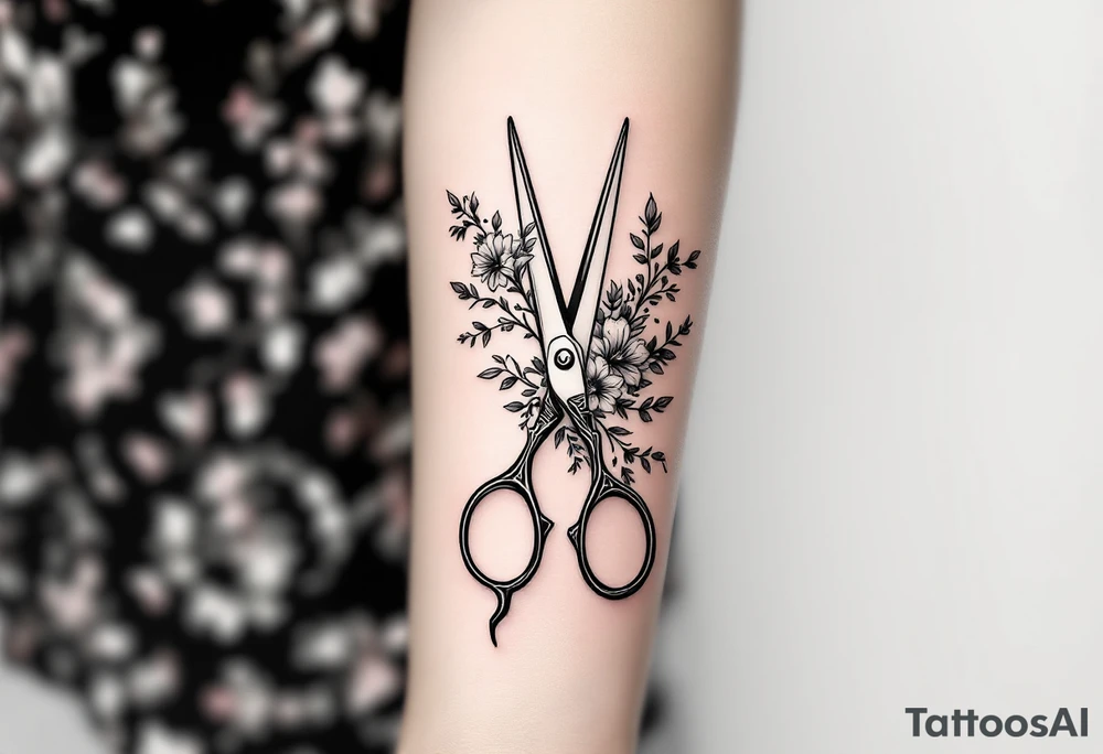 large haircutting scissors with flowers and vine woven arount tattoo idea