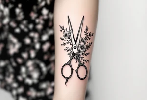 large haircutting scissors with flowers and vine woven arount tattoo idea