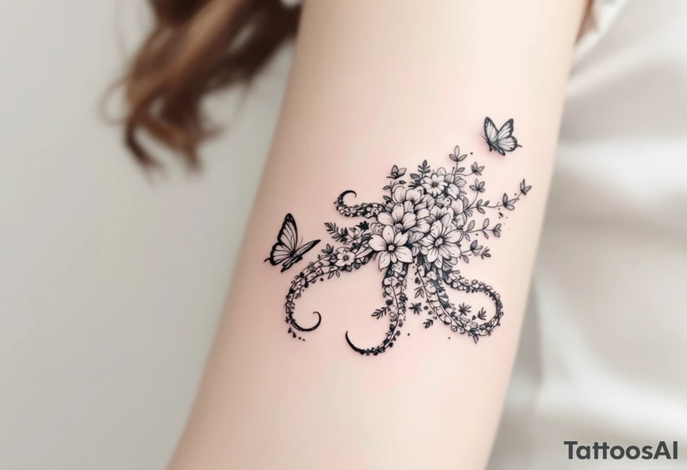 A fine-line tattoo design of a single octopus made entirely of flowers and butterflies. The octopus’s tentacles are shaped like flowing floral vines with leaves and petals, and its body is composed of overlapping blossoms and butterfly wings. The style is minimalist, elegant, and nature-inspired, with delicate black and grey lines, soft shading, and no outlines. No aquatic or marine elements besides the floral octopus. The design flows organically down the upper arm or shoulder, with a light, airy, and poetic feel. tattoo idea