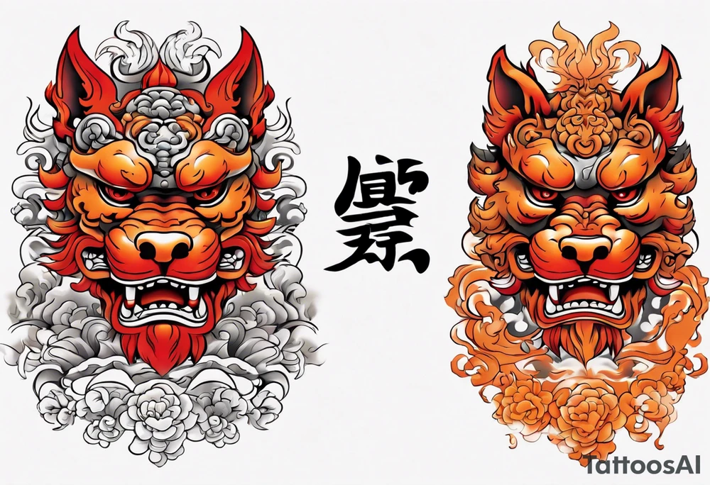 Red and orange Okinawa shisa dogs pair chest piece tattoo idea