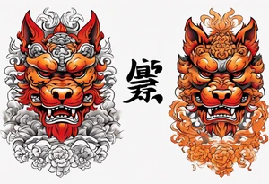 Red and orange Okinawa shisa dogs pair chest piece tattoo idea