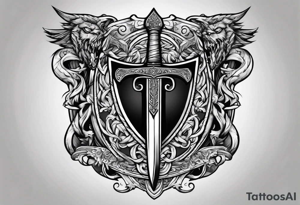Valhalla church sword shield axe tattoo idea