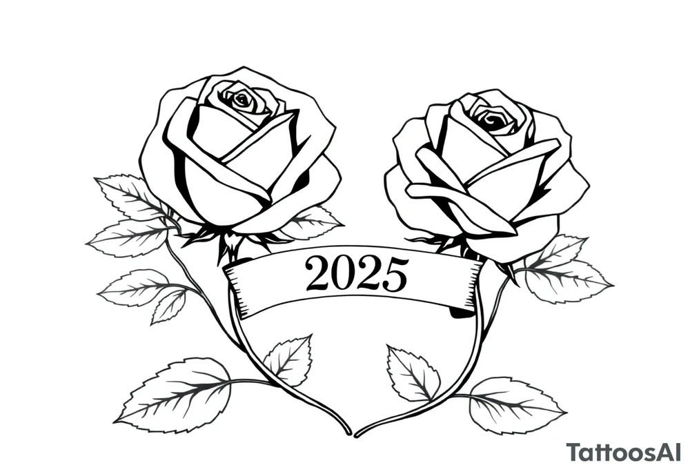 two beautiful large rose buds, one larger than the other, with many leaves next to the rose buds, with one sitting higher than the other. Include a banner connecting the two roses with the year 2025 on it.   Use dark outlines with little shading. The two stems should be short, not long, and connect and join into one stem, whimsically curved or twisted - not straight down. tattoo idea