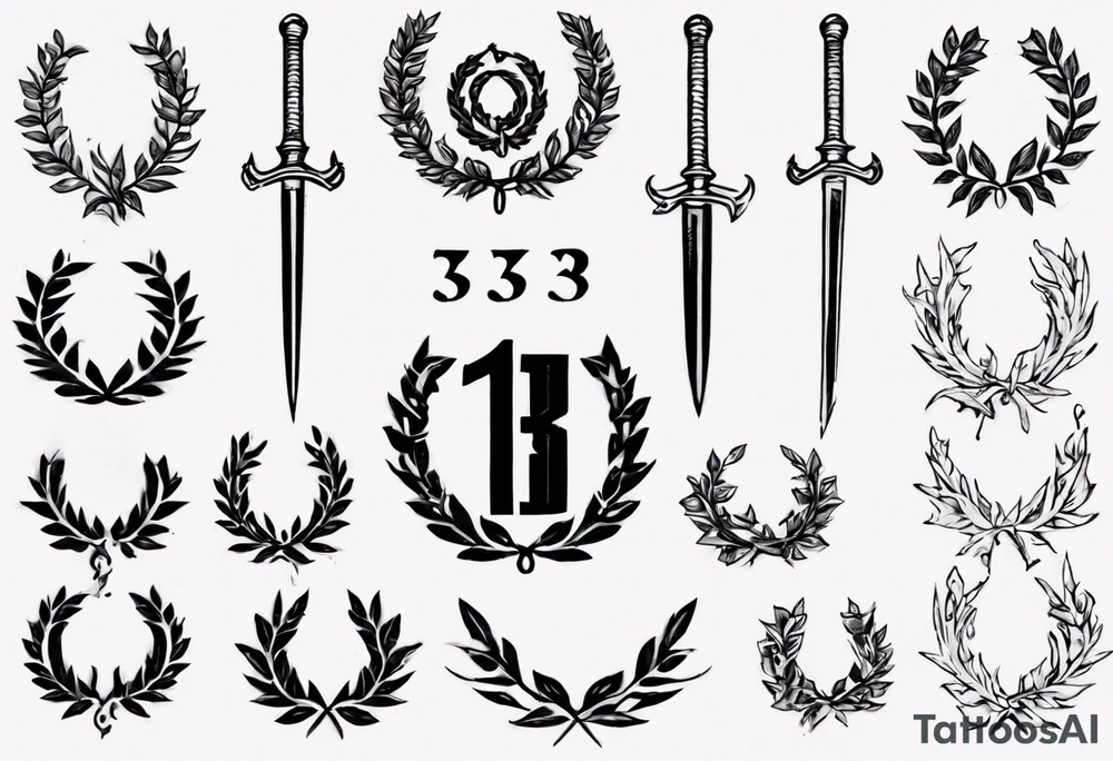 number 13, a laurel leaf wreath, and a Scottish sword tattoo idea