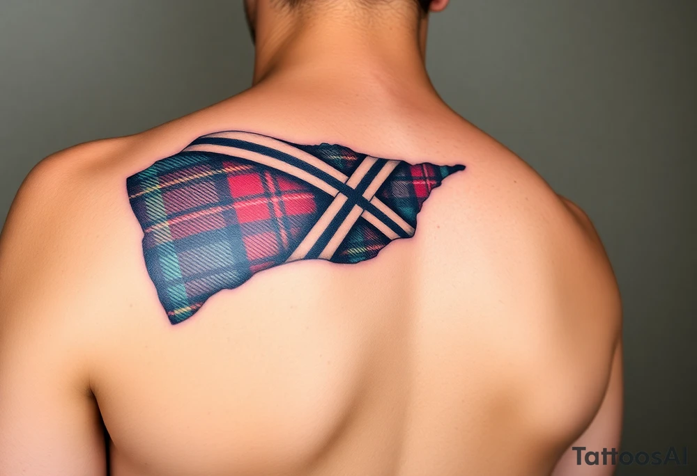 Scotland the brave tartan on left shoulder with skin peeling back to reveal tartan underneath tattoo idea