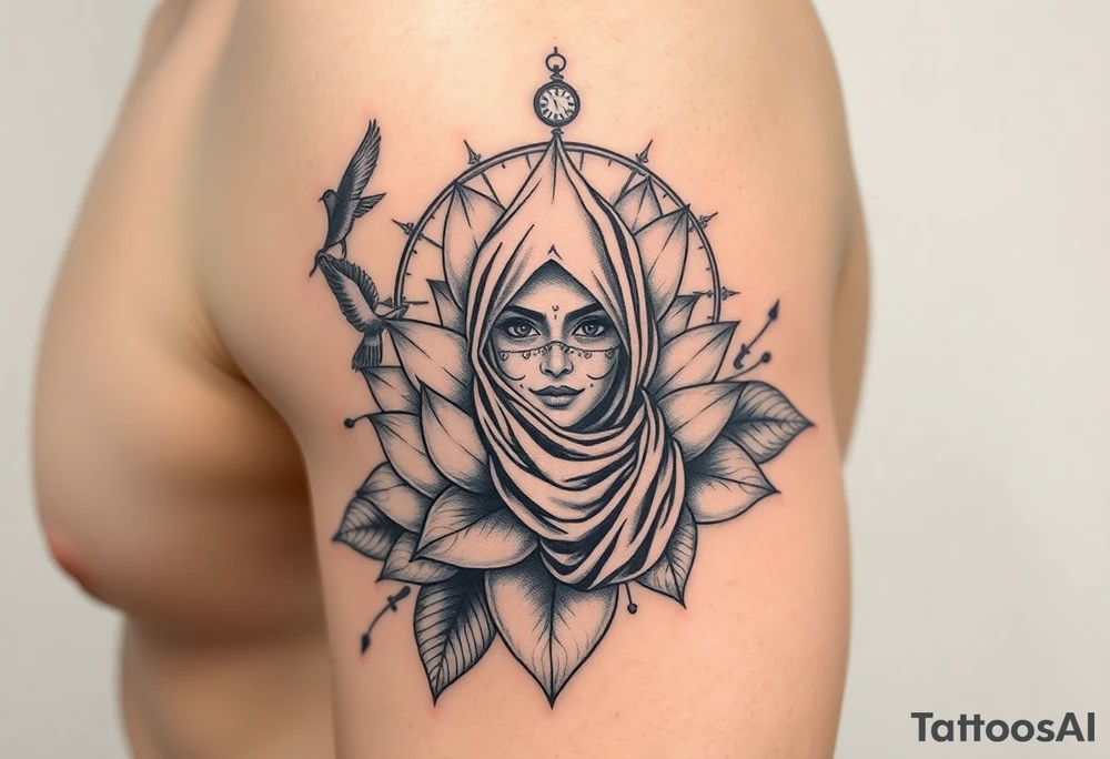 Lotus flower that breaks into flying birds and a clock in background with an arab woman with scarf covering her face tattoo idea