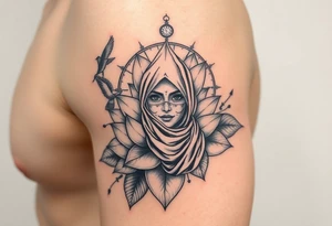 Lotus flower that breaks into flying birds and a clock in background with an arab woman with scarf covering her face tattoo idea