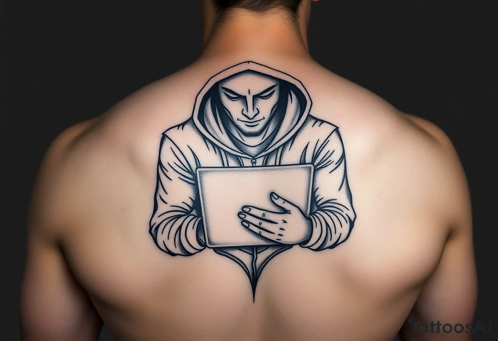 Create a Image of Guy in a hoodie with laptop, like hacking tattoo idea