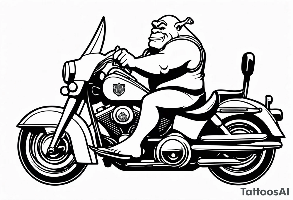 Shrek wearing leather riding a Harley Davidson tattoo idea