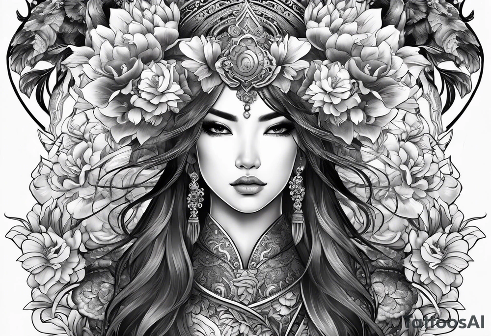 ornate beautiful woman warrior with weapon & floral surrounding tattoo tattoo idea