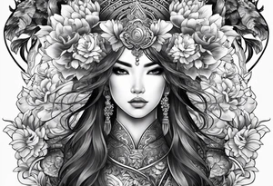 ornate beautiful woman warrior with weapon & floral surrounding tattoo tattoo idea