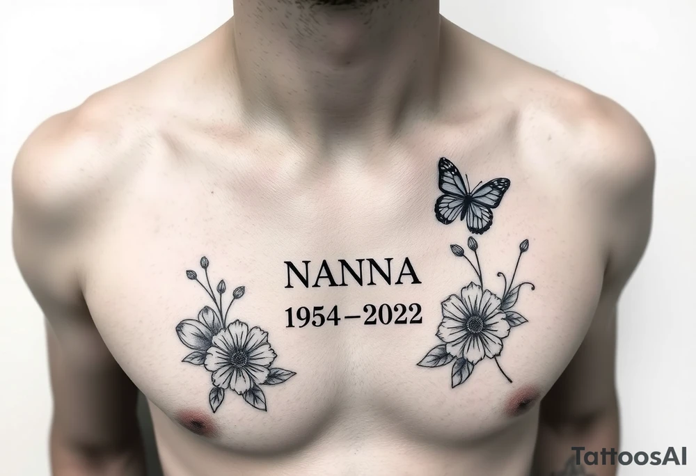 memorial tattoo with flowers and butterflies with the name “NANA” and the date “1954-2022” tattoo idea