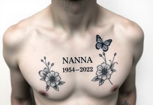 memorial tattoo with flowers and butterflies with the name “NANA” and the date “1954-2022” tattoo idea