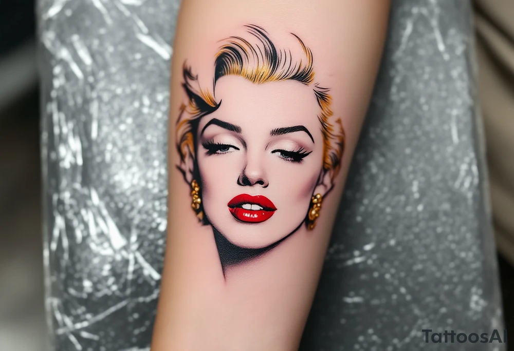 A minimalist outline of Marilyn’s face with golden hair accents and cherry red lips. tattoo idea