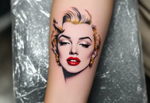 A minimalist outline of Marilyn’s face with golden hair accents and cherry red lips. tattoo idea