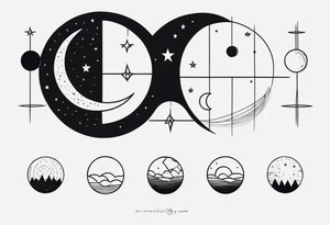 Moon phases with lines and stars horizontal tattoo idea
