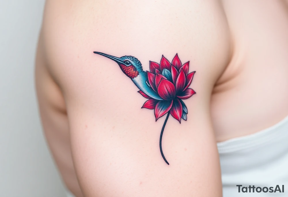 A Hummingbird Drinking from a Lotus Flower (only red , blue and black are possible colors) tattoo idea
