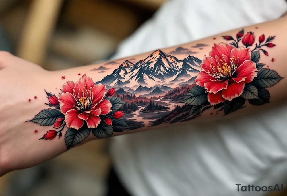 wrap around entire wrist red  and black rhododendron trippy with Himalayas behind tattoo idea