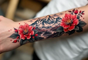 wrap around entire wrist red  and black rhododendron trippy with Himalayas behind tattoo idea