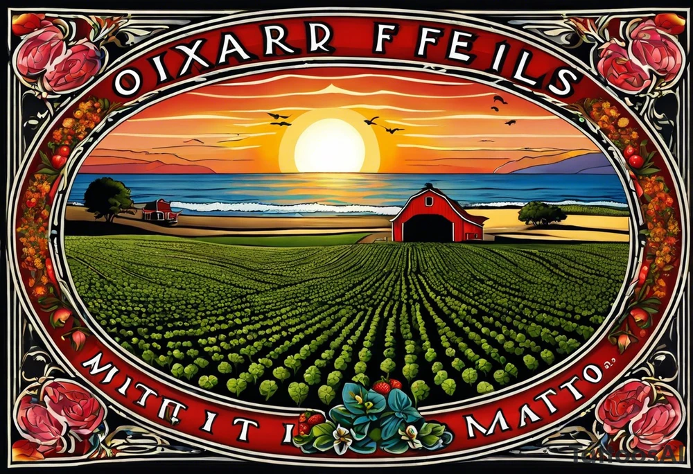 Tattoo of my hometown of Oxnard, CA
Tattoo must have strawberry fields meeting with ocean
Tattoo must have Oxnard coordinates
34.2236192,-119.1310264
Add in the sun on top of the fields/ocean
No barn house, add a Gondola style plaza 
Only in black and white tattoo idea