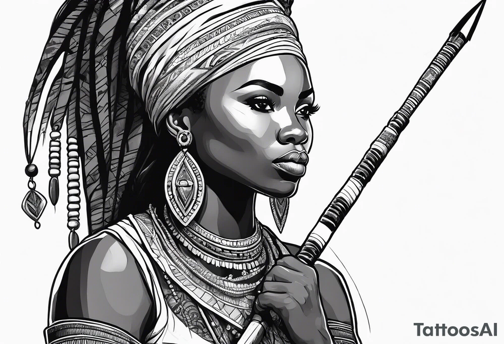 African woman warrior holding spear with deadlocks and earrings. tattoo idea