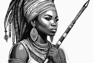 African woman warrior holding spear with deadlocks and earrings. tattoo idea