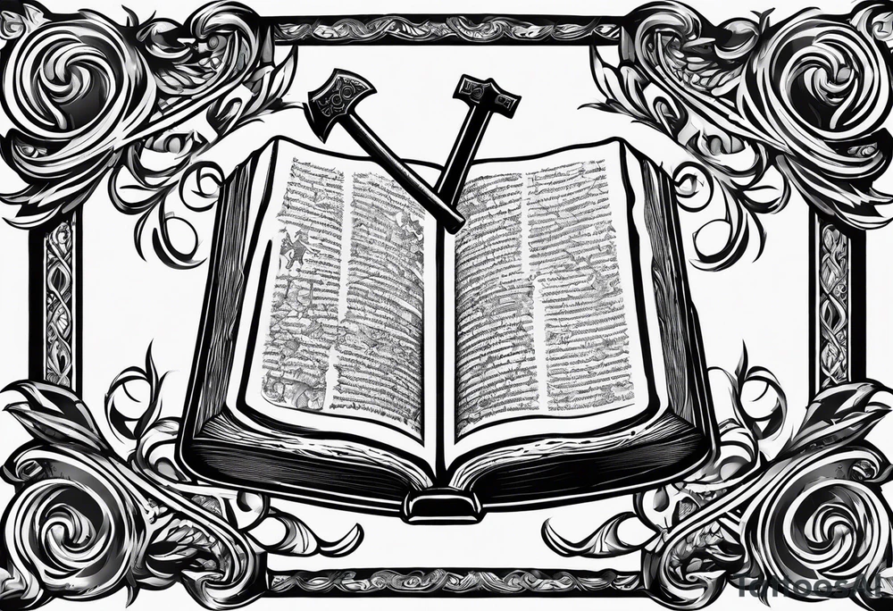 An opened bible with a battle Axe tattoo idea