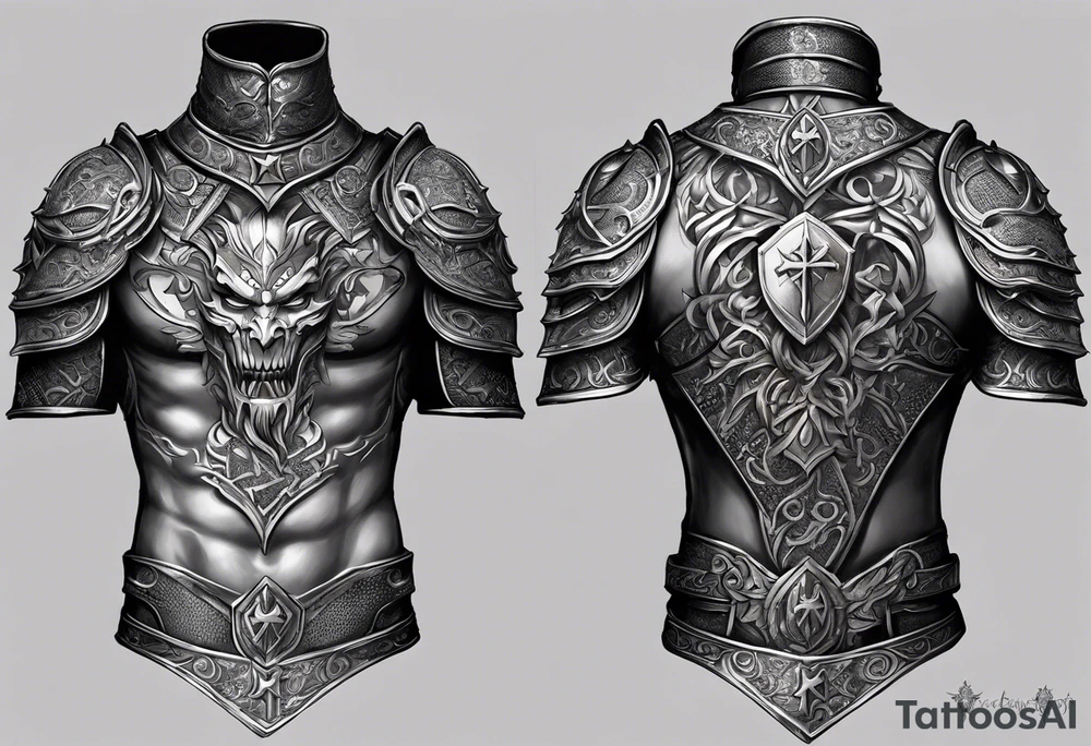 Right Upper arm, pectoral and back armor, demons crawling up bottom of the chest and back plates with heaven and cross on top of the armor plates, chainmail underneath arm plates tattoo idea