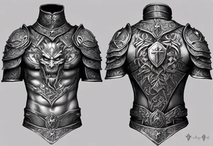 Right Upper arm, pectoral and back armor, demons crawling up bottom of the chest and back plates with heaven and cross on top of the armor plates, chainmail underneath arm plates tattoo idea