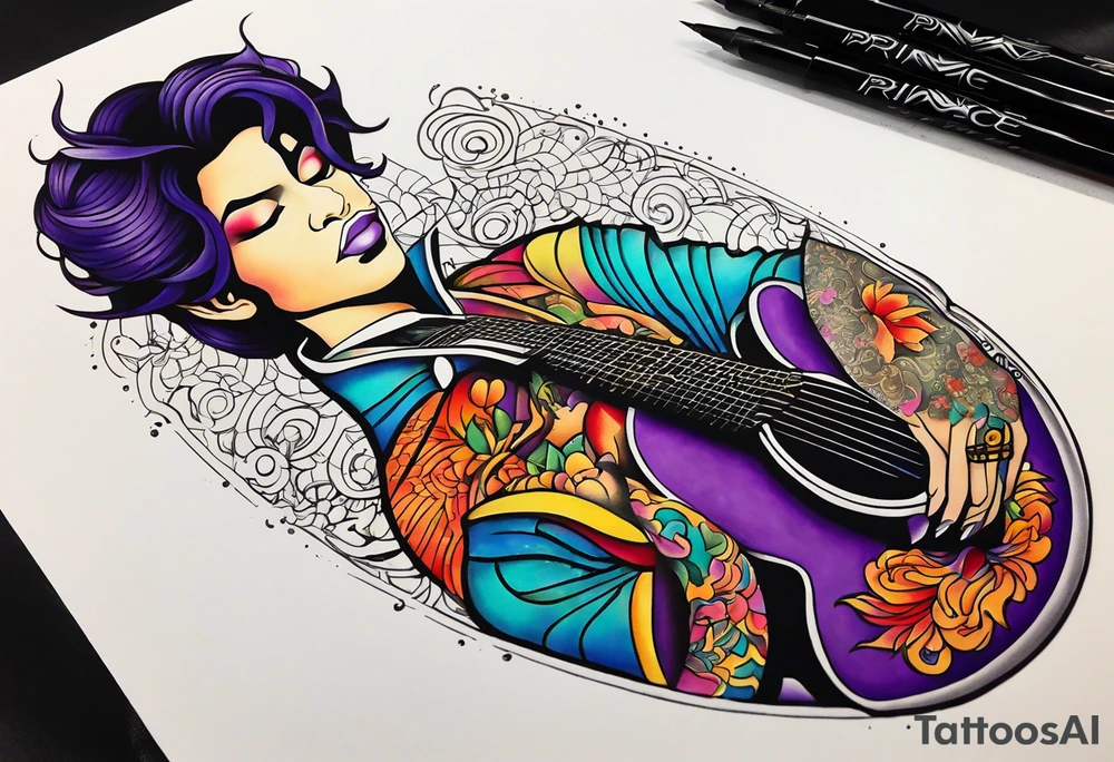 Tattoo honoring the musician Prince that also incorporates Pride colors. tattoo idea