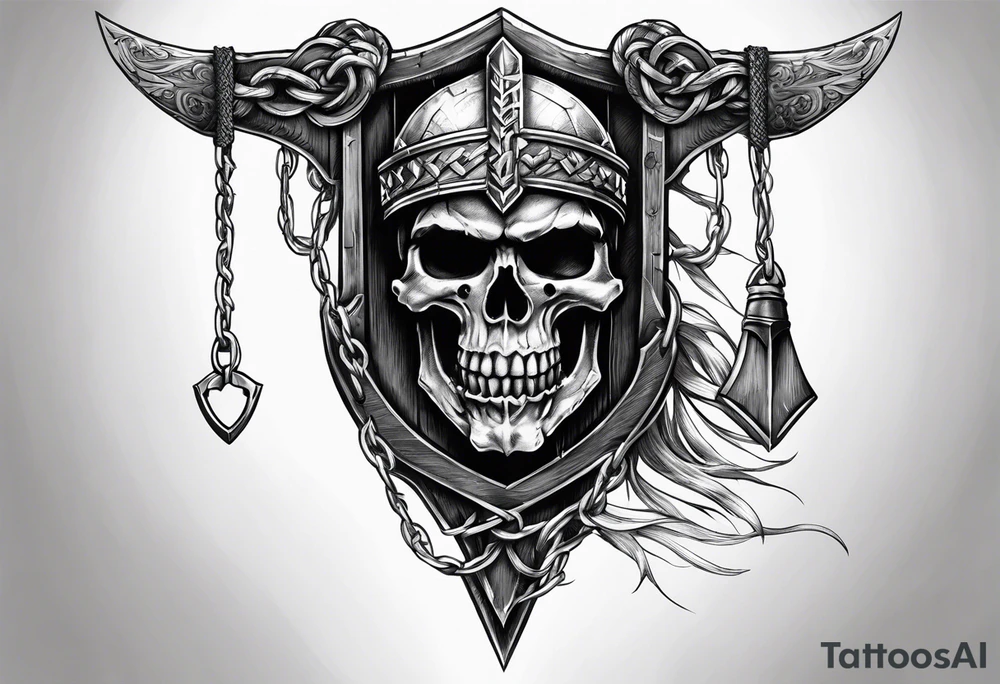 Valhalla sword shield axe barbed wire chains dark cloud tattoo idea