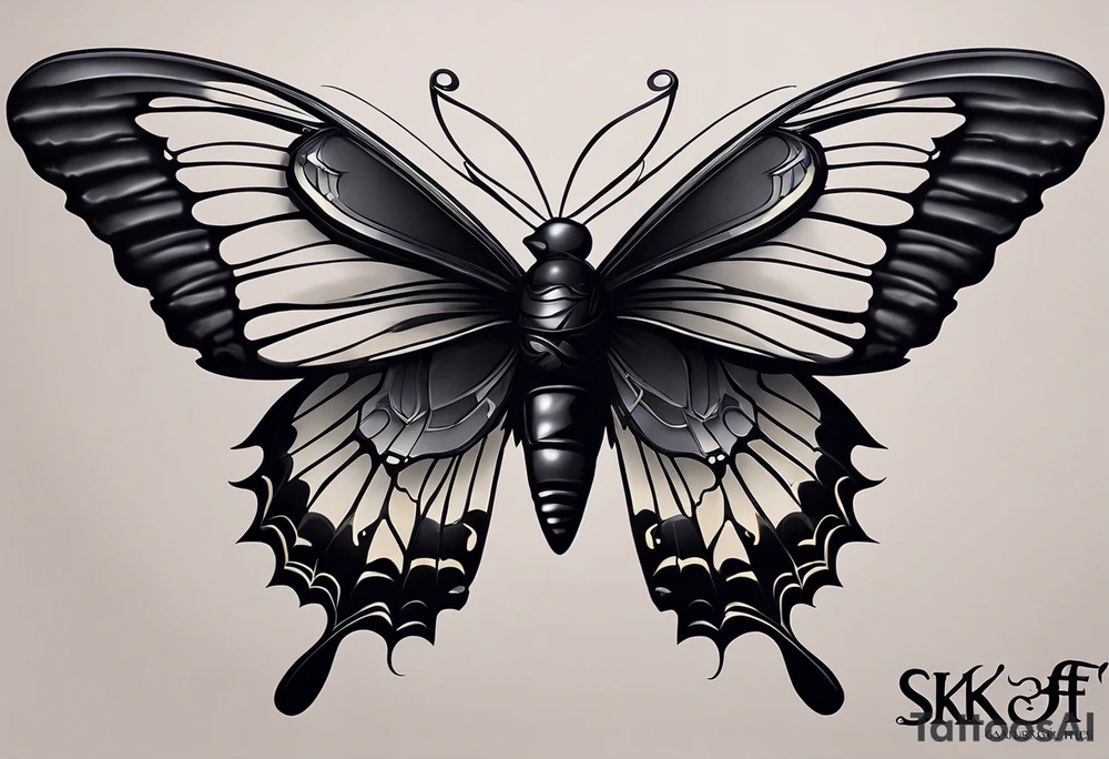 A butterfly flies. Below the butterfly, a raven flies.
The butterfly and the raven are the same size
In the background is the name Malia.
In the background is the name SKF.
The number 89 can be seen in the background.
There is also a scorpion in the wing of the butterfly.
This tattoo is black and white and on the arm. tattoo idea