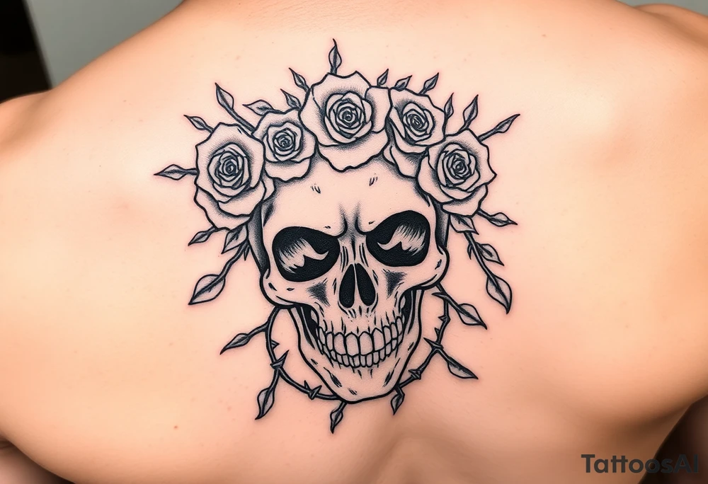 ornate skull adorned with crown of wild roses and thorns tattoo idea