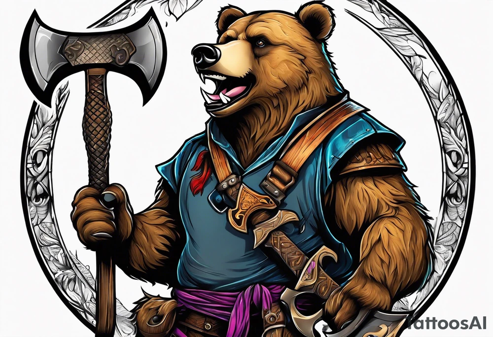 anthropomorphic bear with a two-handed ax tattoo idea