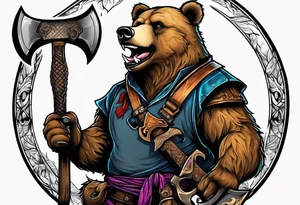 anthropomorphic bear with a two-handed ax tattoo idea