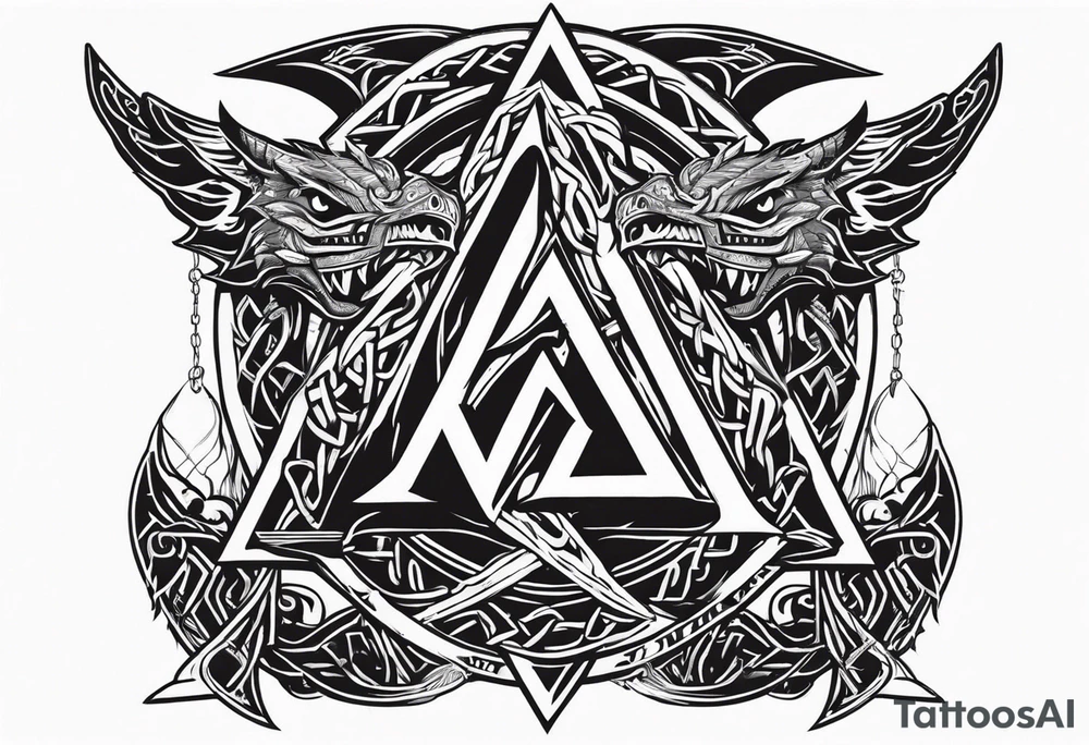Valhalla sword shield axe barbed wire chains valknut fire dragon tattoo idea