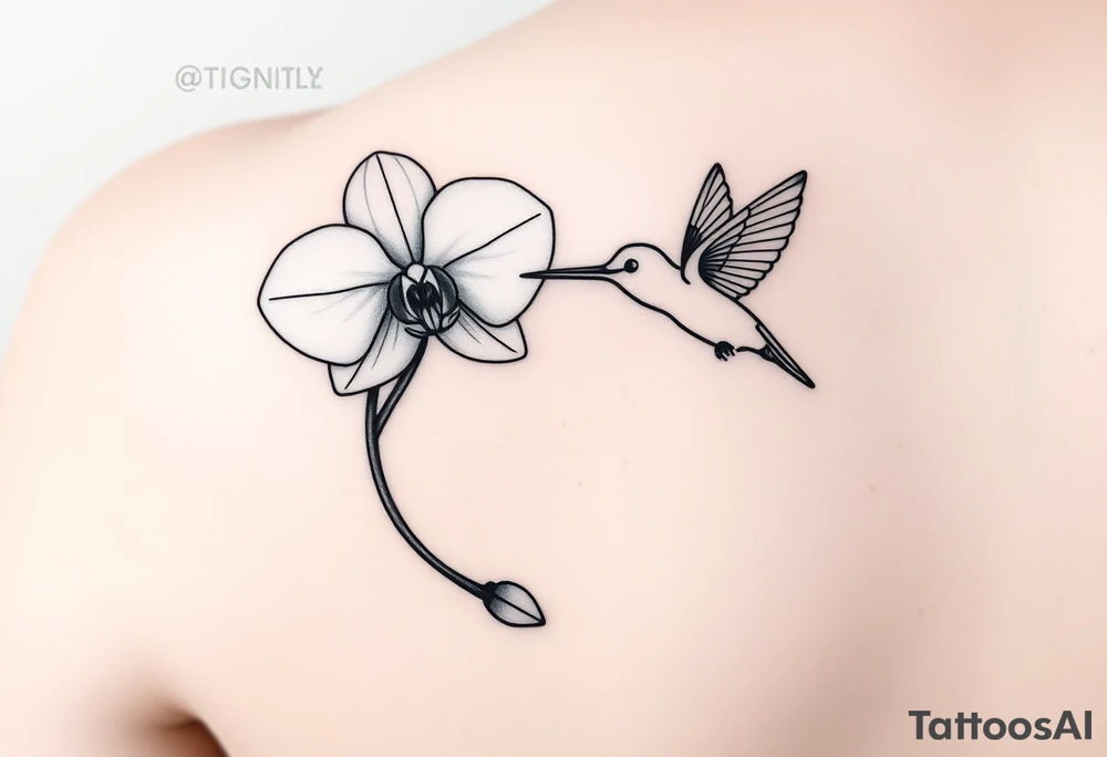 A delicate, black and white fine-line tattoo for make, featuring a gracefully detailed orchid in full bloom (stem and at least 2 flowers), with soft, intricate petals and elegant curves. Beside it, a hummingbird hovers mid-flight, its wings drawn with subtle motion lines, its slender beak reaching toward the orchid’s center to drink its nectar. The design captures a sense of balance and harmony, with the contrast between the stillness of the flower and the gentle energy of the bird. Perfectly suited for the upper arm, this piece combines nature’s beauty and movement in a timeless, minimalist style tattoo idea