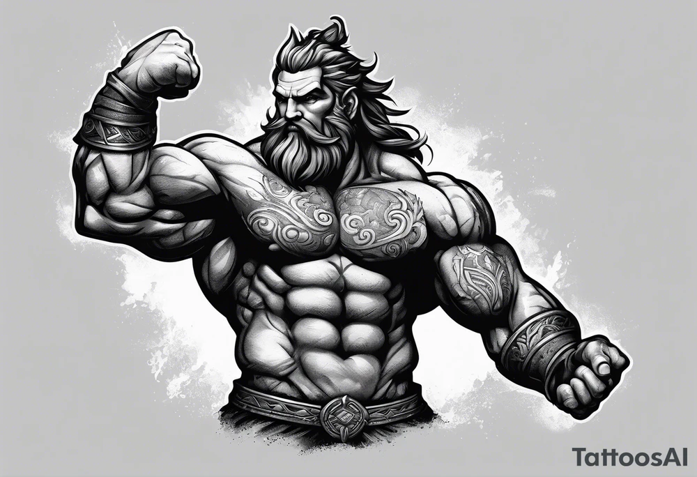 full body strong mythical giant turned to the side about to punch something stipple shading tattoo idea