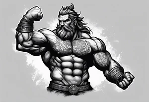 full body strong mythical giant turned to the side about to punch something stipple shading tattoo idea