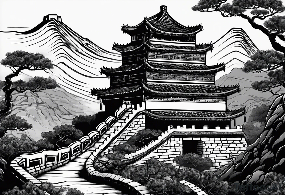 Rat behind Tiger and Snake on the great Wall of China with Temple tattoo idea
