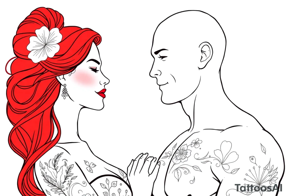 Woman with long red hair and red lipstick with lots of tattoos with  a bald muscular white man with tattoos getting married tattoo idea