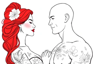 Woman with long red hair and red lipstick with lots of tattoos with  a bald muscular white man with tattoos getting married tattoo idea